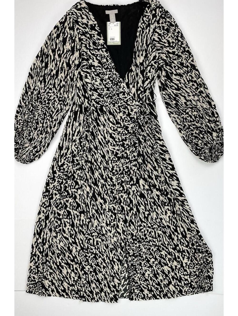 NWT H&M Plissé Wrap V-Neck Midi Dress Abstract Print Modern Minimal LG